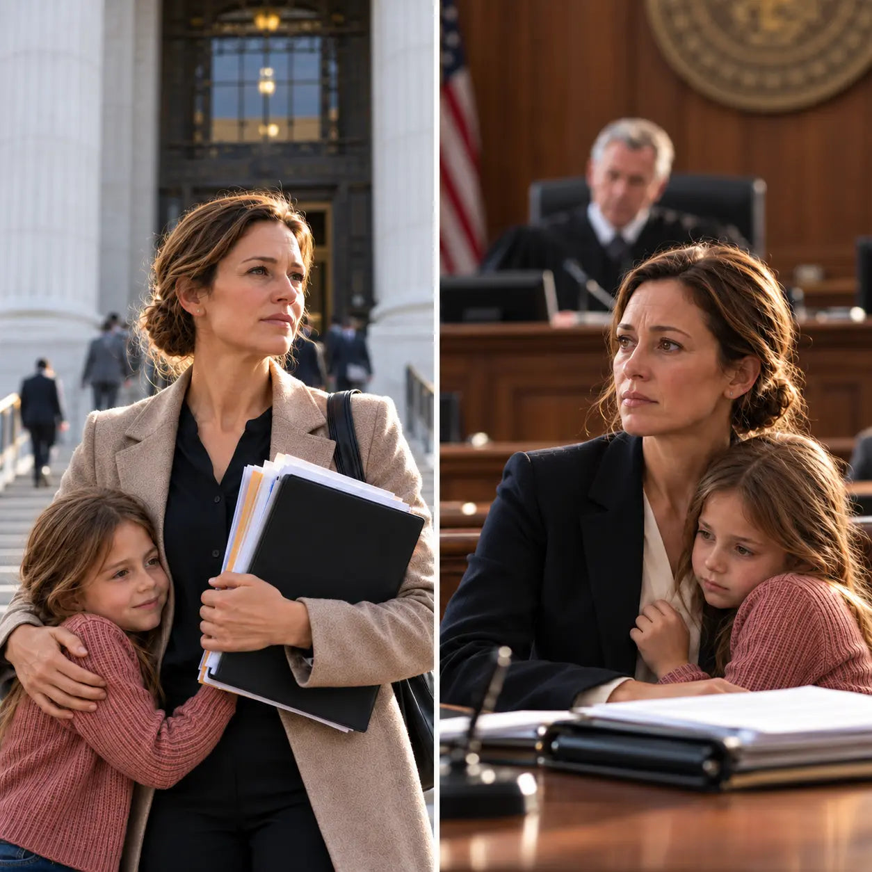 A mother and her daughter in a courtroom