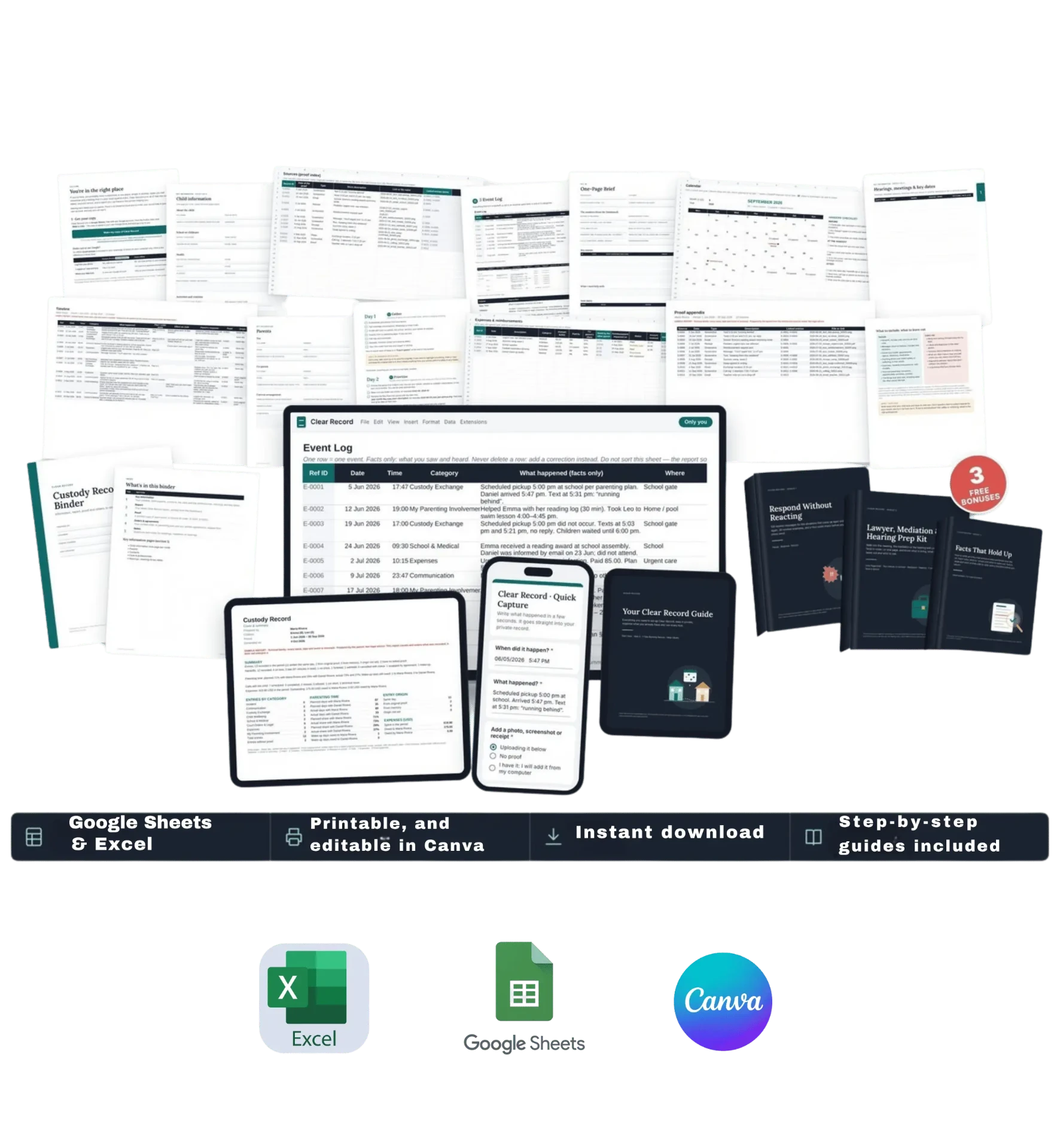 Clear Record System: custody record binder with printable pages, Google Sheets dashboard, Quick Capture on your phone, Your Clear Record Guide and 3 free bonuses — works in Excel, Google Sheets and Canva