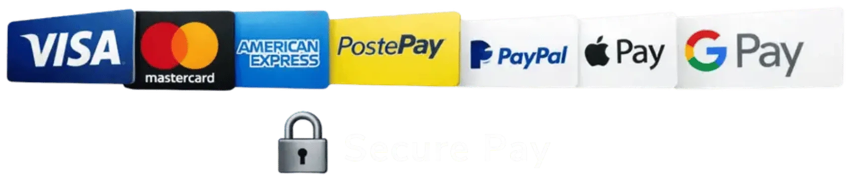 Secure Pay — Visa, Mastercard, American Express, PostePay, PayPal, Apple Pay and Google Pay accepted